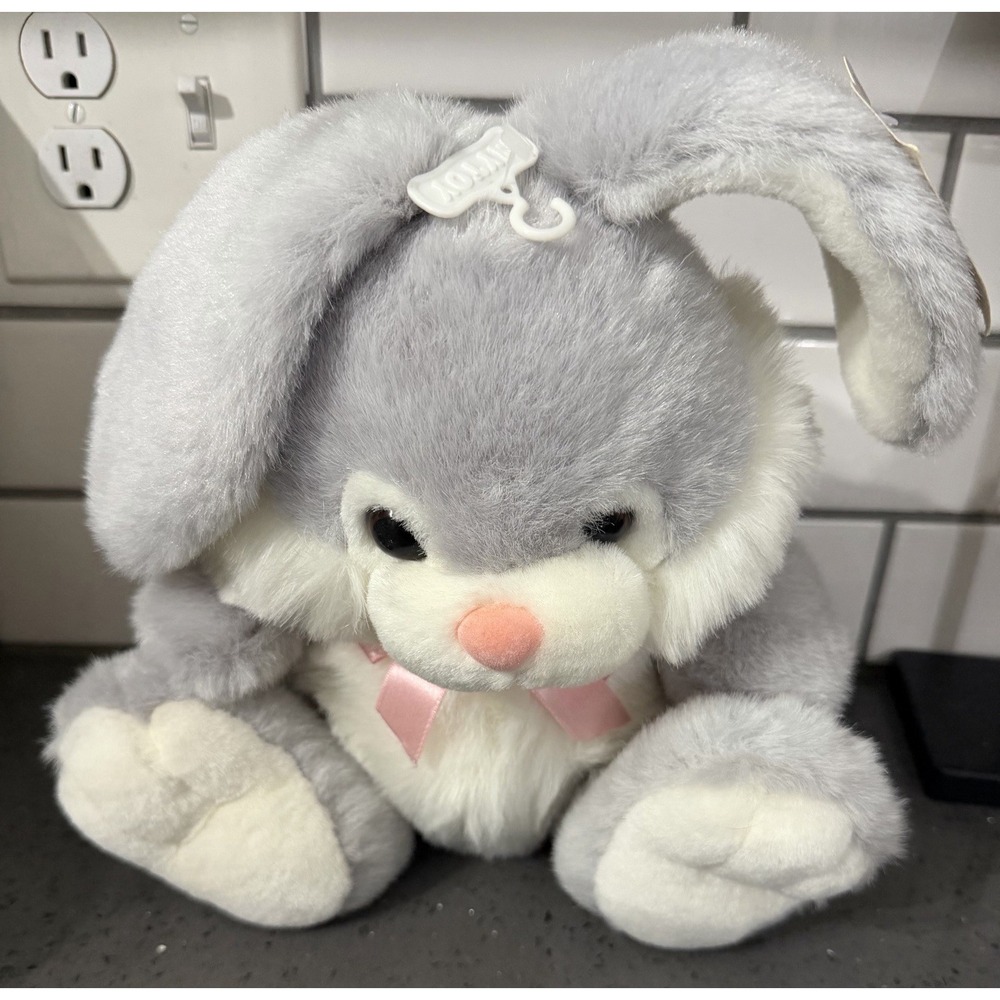 Vtg Lemonwood Asia Gray Plush Rabbit Bunny Stuffed Animal Pink Ribbon